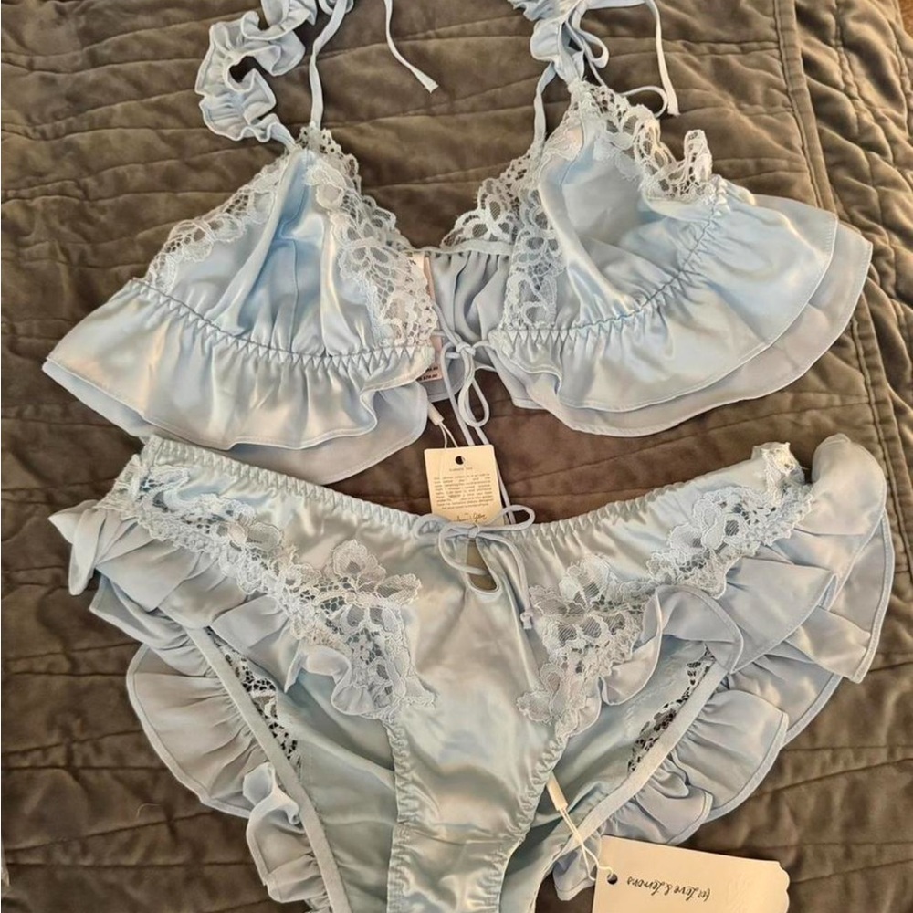 For Love & Lemons Powder Blue Satin Ruffle Bralette & Bikini Set